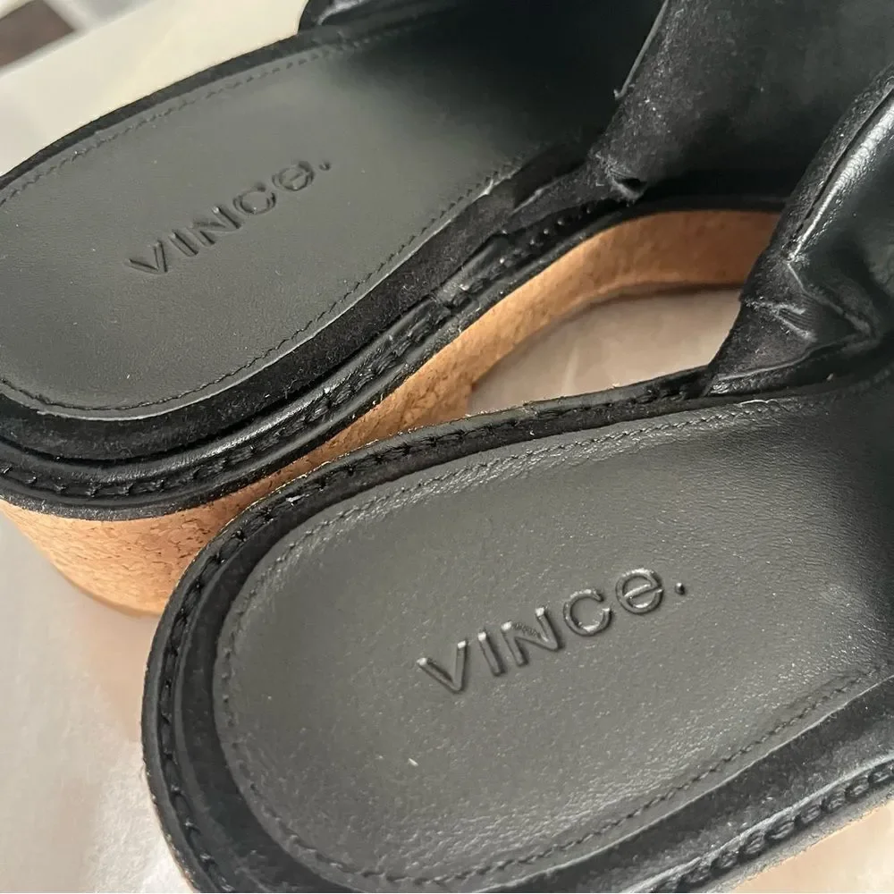Vince Maddy Black Suede Mules Slides Block Heel Platform Sandals Sz 9.5 M NWOB